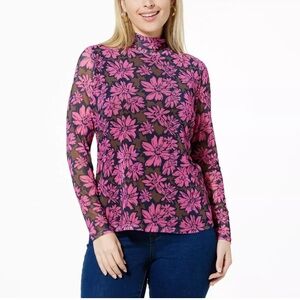Diane Gilman Fitted Pink and Black Floral Mesh Blouse with Long Sleeves